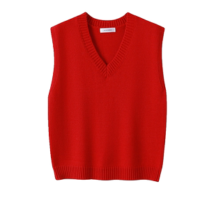 春秋新款针织背心女宽松外穿v领马夹韩国学院风百搭红色毛衣马甲