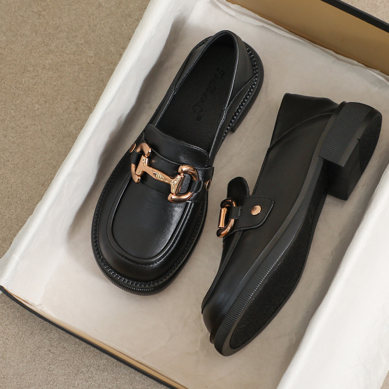 羊皮版~大码41到43黑色小皮鞋女2025新款秋冬英伦加绒厚底乐福鞋