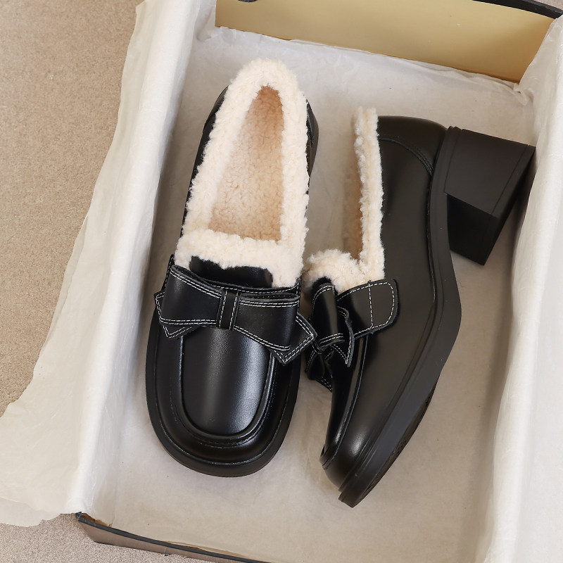 牛皮版~高跟加绒乐福鞋女款2026新款冬季毛毛保暖棉鞋英伦小皮鞋