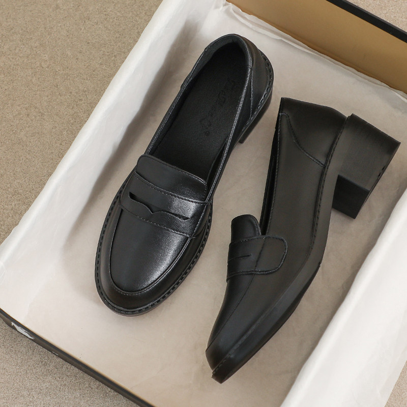 牛皮版~法式高跟乐福鞋女2026新款冬季加绒英伦风粗跟黑色小皮鞋