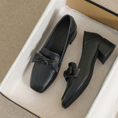 高跟小单鞋 牛皮版 女粗跟夏季 百搭一脚蹬小皮鞋 职场小黑鞋 乐福鞋