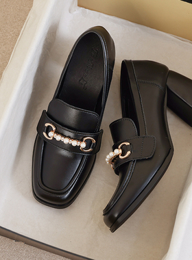 羊皮款~法式黑色小皮鞋女20256春季新款百搭英伦风单鞋高跟乐福鞋