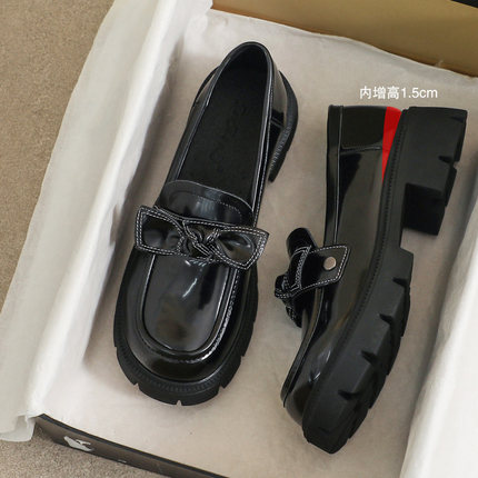 牛皮版~33增高34码厚底乐福鞋女款英伦风小皮鞋一脚蹬黑真皮单鞋