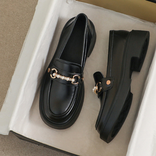 牛皮版~大码法式黑色厚底乐福鞋女2025新款秋冬英伦风软底小皮鞋