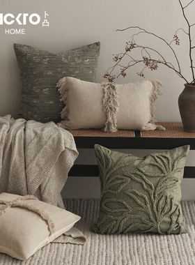 卜凸家居挪威森林绿色春夏棉麻抱枕侘寂风民宿样板房靠枕沙发腰枕