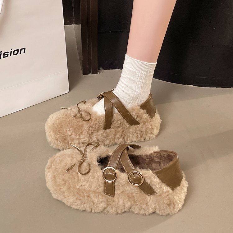 甜美蝴蝶结毛毛鞋女外穿2025秋冬新款平底轻便舒适保暖玛丽珍棉鞋