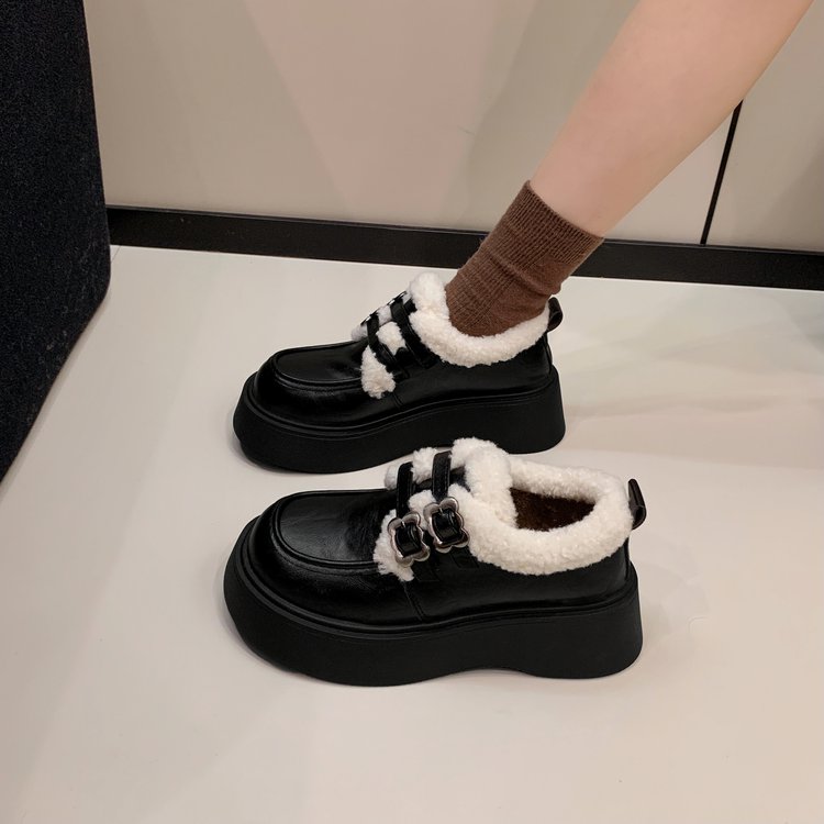 复古棕色加绒乐福鞋女2025秋冬新款增高厚底女鞋毛毛雪地靴小皮鞋