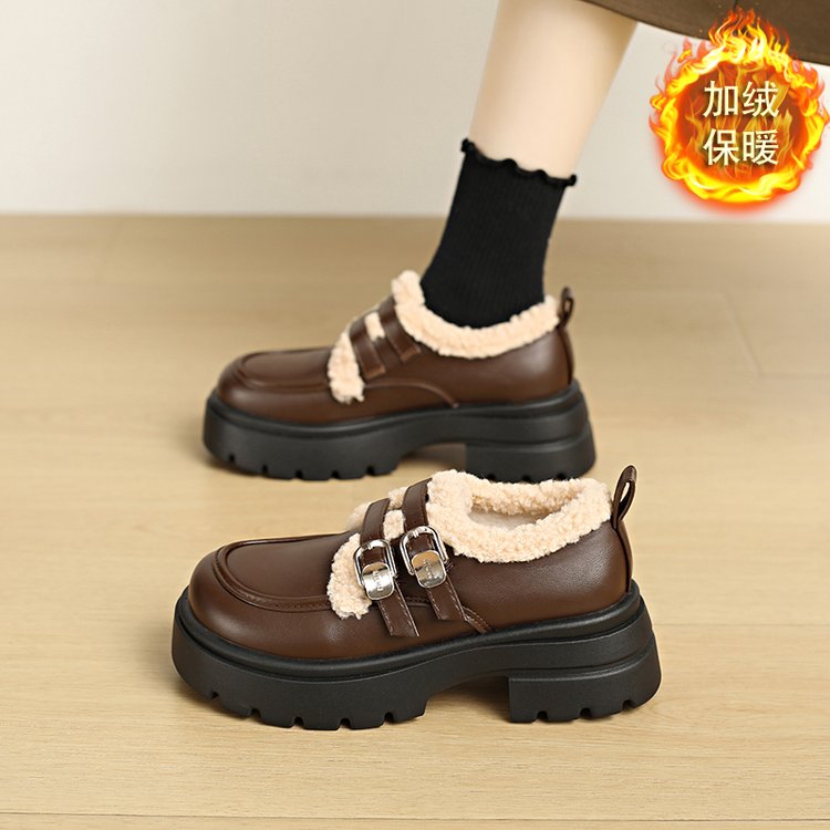 厚底乐福鞋女2025新款秋冬加绒单鞋子百搭毛毛棉鞋增高黑色小皮鞋