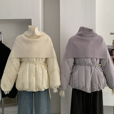 欧玛莱 针织披肩中长款羽绒服2025冬季新款收腰系带长袖外套 5844