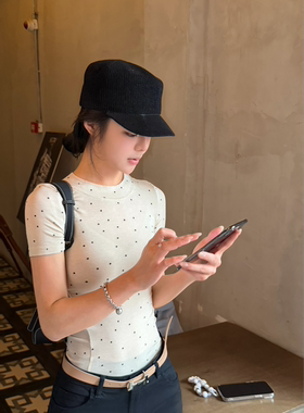 张涵涵韩版修身圆领正肩短袖T恤辣妹高弹力纯欲显瘦波点上衣女