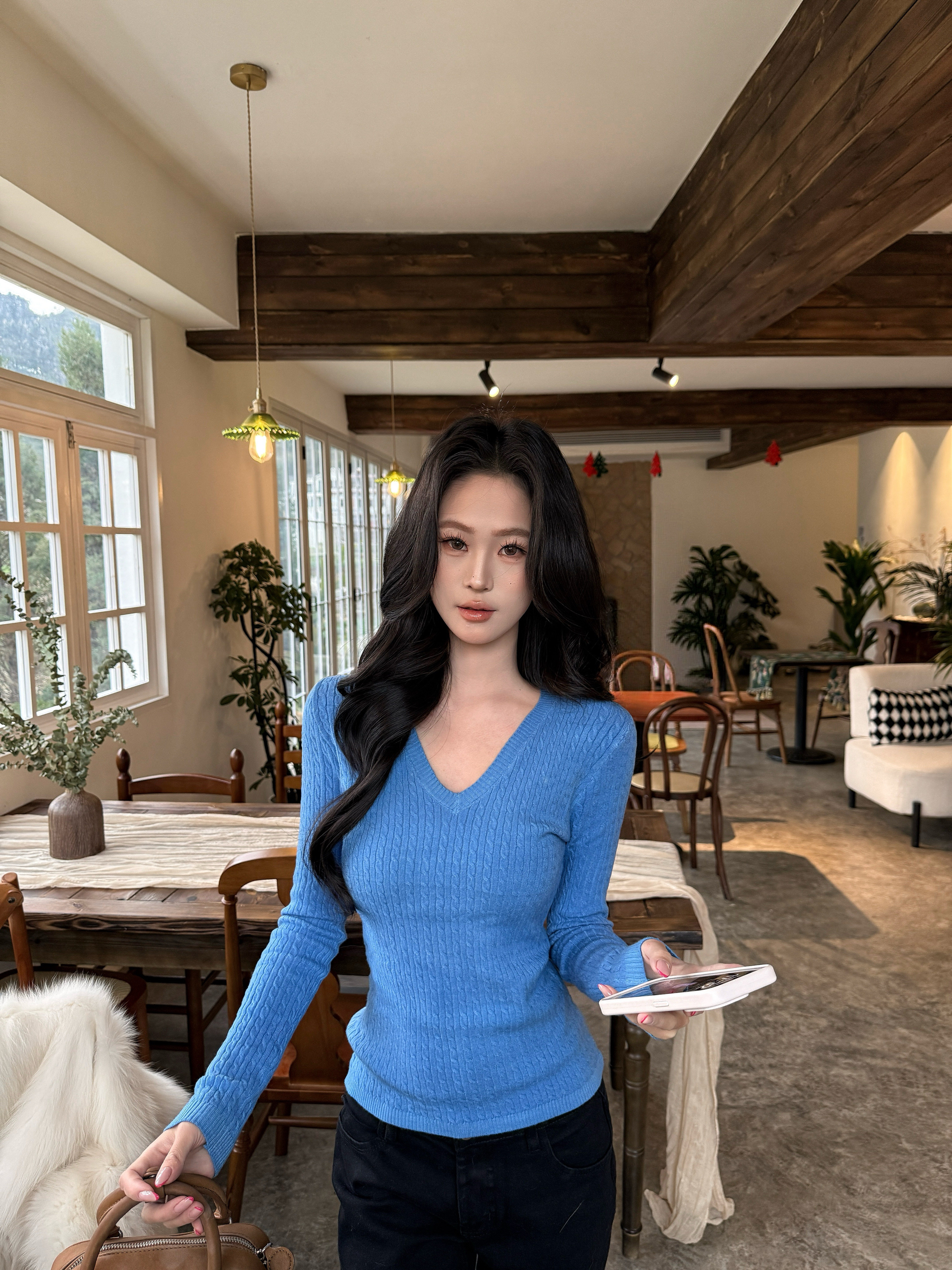 张涵涵 韩系蓝色V领麻花长袖毛针织衫女春季修身打底衫毛衣上衣女