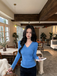 张涵涵 韩系蓝色V领麻花长袖毛针织衫女春季修身打底衫毛衣上衣女