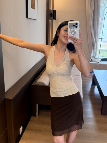 v领挂脖吊带背心女无袖上衣