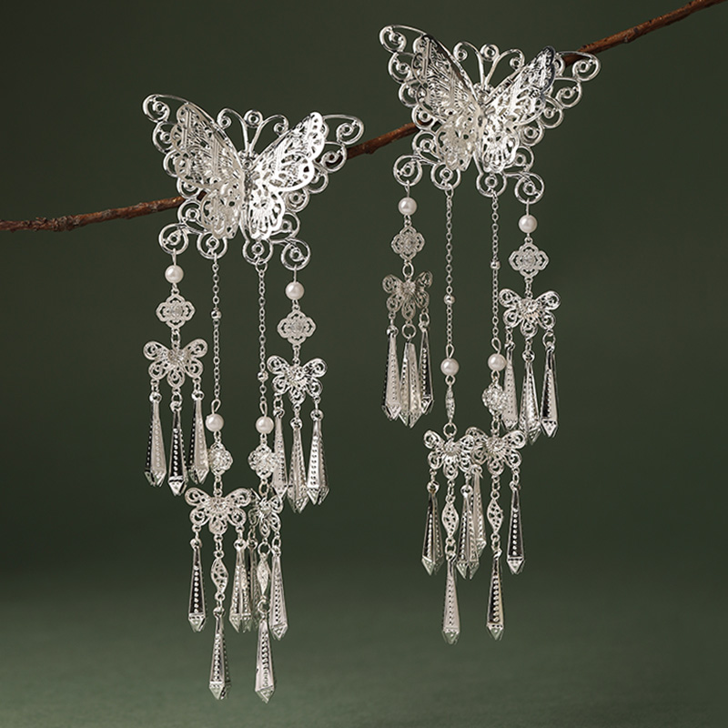 战国袍发饰流苏边夹后压仿苗银蝴蝶对夹铃铛头饰魏晋风汉服发夹子