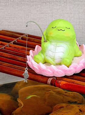 钓鱼小摆件工位解压鱼池造景庭院装饰微景观青蛙钓鱼摆件小猫钓鱼