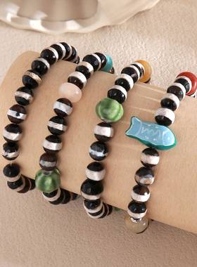 欧美亚马逊热销黑白条纹玻璃天然石小鱼串珠手串高级百搭手工手链