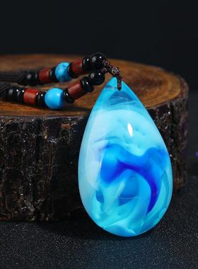 复古二代蓝精灵仿蓝蜜蜡长款项链简约高档毛衣链女时尚吊坠挂件