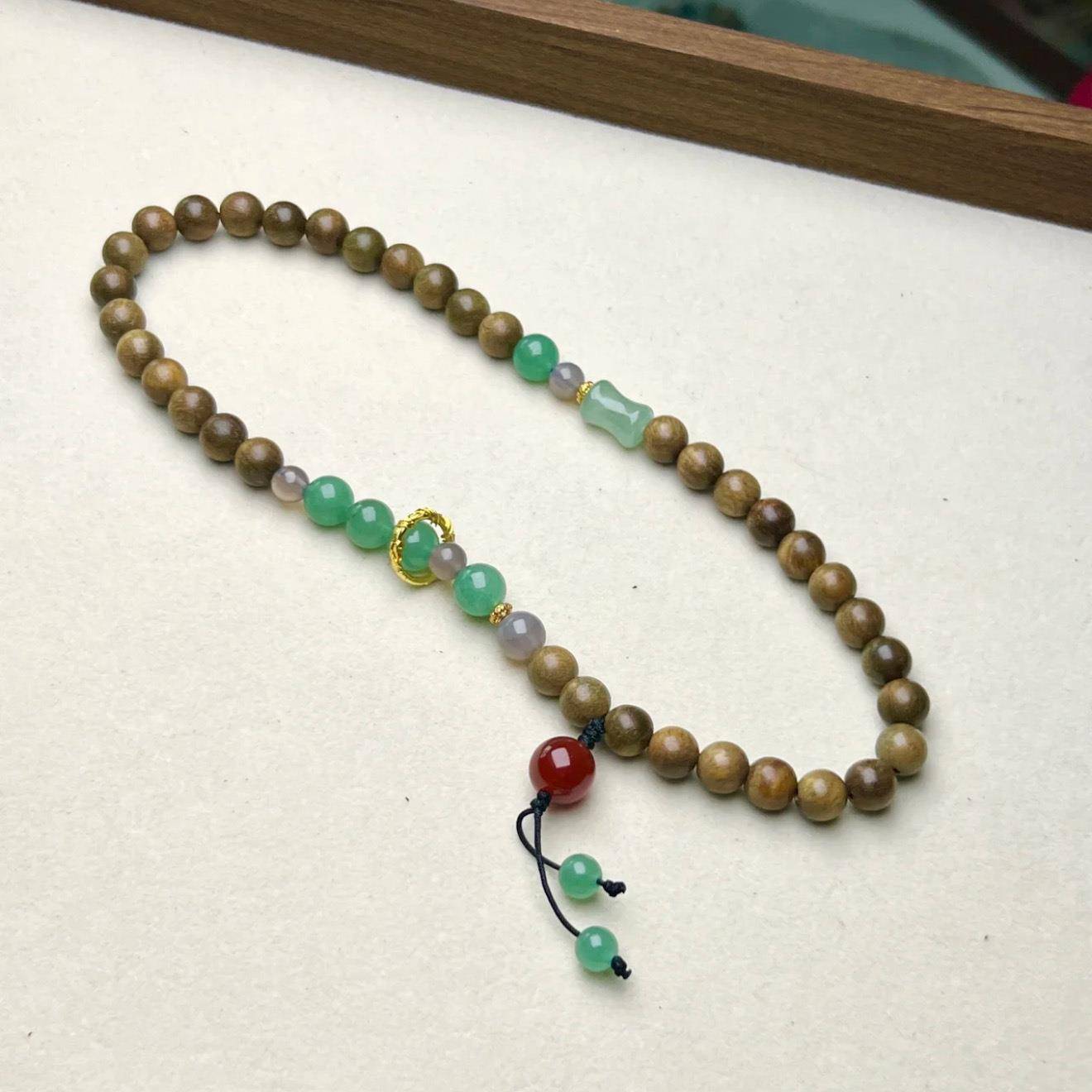 老料念珠复古中式纯天然绿檀木手链冷门手串长款男女古风文艺女款