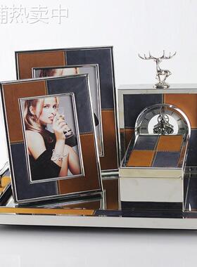 现代简约会所样板房软装不锈钢皮革托盘摆件 客厅茶具水果收纳盘