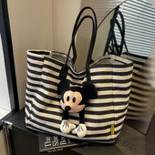 大容量通勤包女休闲时尚 条纹帆布包可爱米奇单肩托特包手提妈咪包
