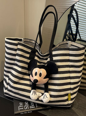 大容量通勤包女休闲时尚条纹帆布包可爱米奇单肩托特包手提妈咪包