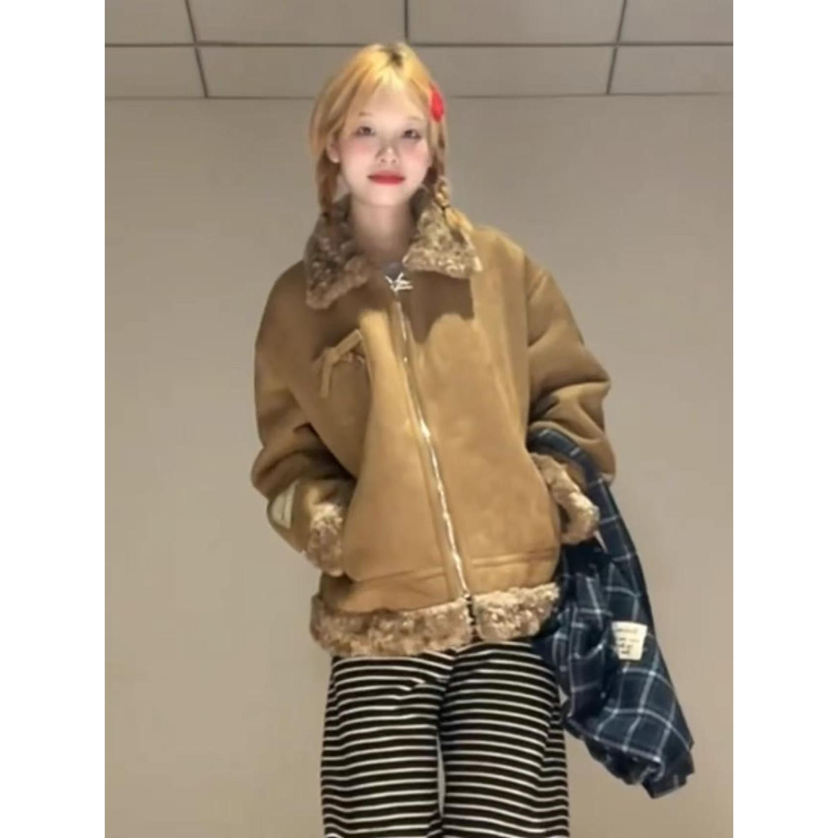 棕色羊羔毛外套女冬季2025新款设计感小众皮毛一体加绒加厚棉服潮