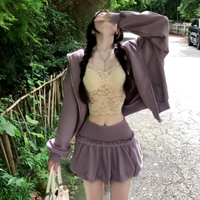 紫色卫衣外套连衣裙子女2025新款韩系早秋流行穿搭一整套装花苞裙