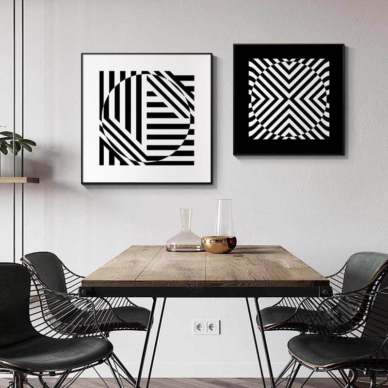 餐厅背景墙装饰画现代简约2025新款抽象黑白线条正方形壁画挂画