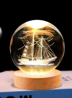 云端城堡帆船模型手办发光星空水晶球USB插电卧室桌面装饰摆件