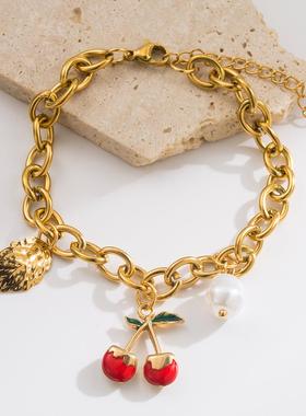 跨境新款水果樱桃花朵海星配件吊坠头箍手链不锈钢粗链条手饰手链
