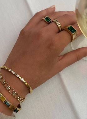欧美法式钛钢黄金手环不锈钢镶嵌绿色小众锆石手镯不掉色手饰