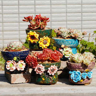 麦饭石手绘手捏花盆 粗颗粒多肉花盆 老桩盆拼盘群生盆精美