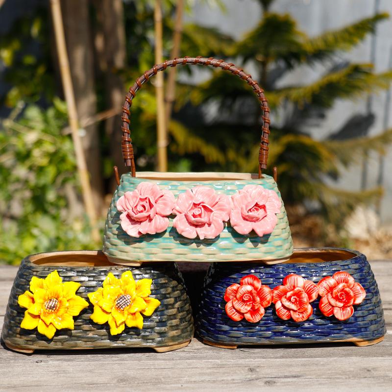 手提籃多肉植物創意陶瓷花盆