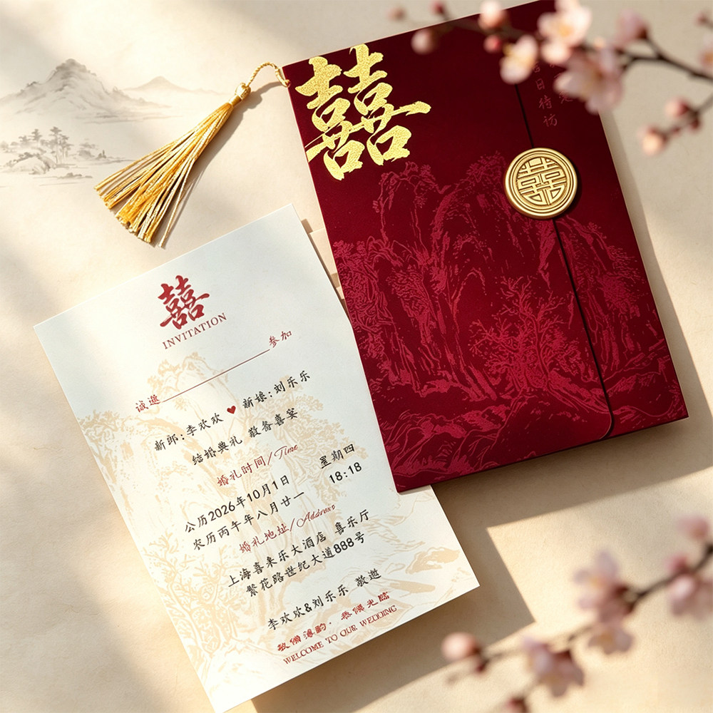 请帖结婚婚礼邀请函丝绒中式中国风绒布新款百搭定制酒红备婚请柬
