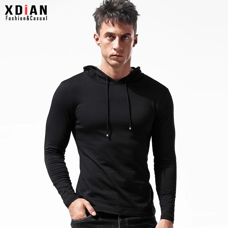 连帽打底衫男长袖t恤纯棉纯色春秋季薄款修身卫衣带帽紧身秋衣潮