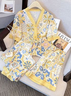 夏季开衫V领睡衣甜美短袖套装宽松家居服可外穿82161