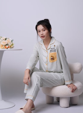 春季新款休闲ins少女风纯棉长袖翻领睡衣女家居服两件套装58350