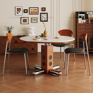 中古风圆桌复古金属腿圆形餐桌北欧包豪斯实木波尔卡圆形岩板饭桌