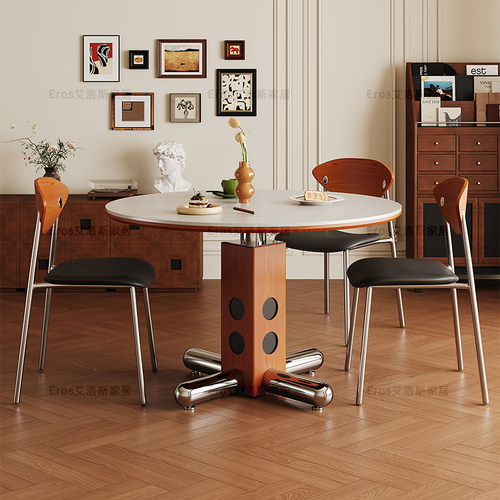 新款包豪斯中古风圆形餐桌椅实木