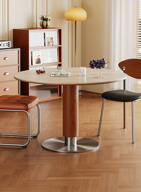中古风现代简约实木餐桌维亚圆桌家用小户型中古洞石岩板桌椅组合