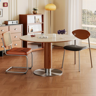 中古风现代简约实木餐桌维亚圆桌家用小户型中古洞石岩板桌椅组合