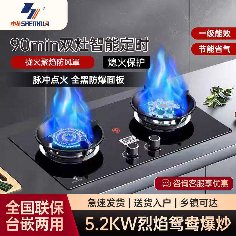 申花高端定时双灶纯铜火盖燃气灶