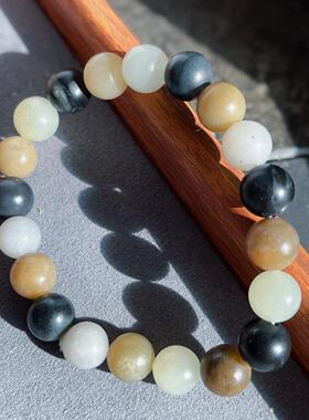 新疆和田玉楼兰三色手串 10mm 圆珠天然玉石手链男女文玩饰品