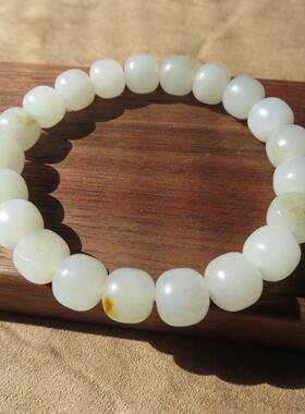 新疆和田玉挂金皮白玉籽料9mm老型珠手串手链 带证书