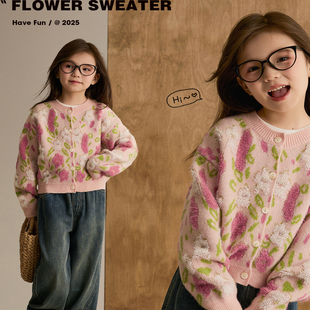 外套秋冬甜美撞色花朵保暖短款 女童针织开衫 毛衣针织衫 花心思