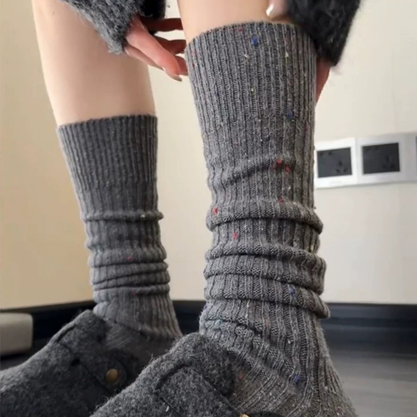 点子纱竖条显瘦羊毛长筒堆堆袜女