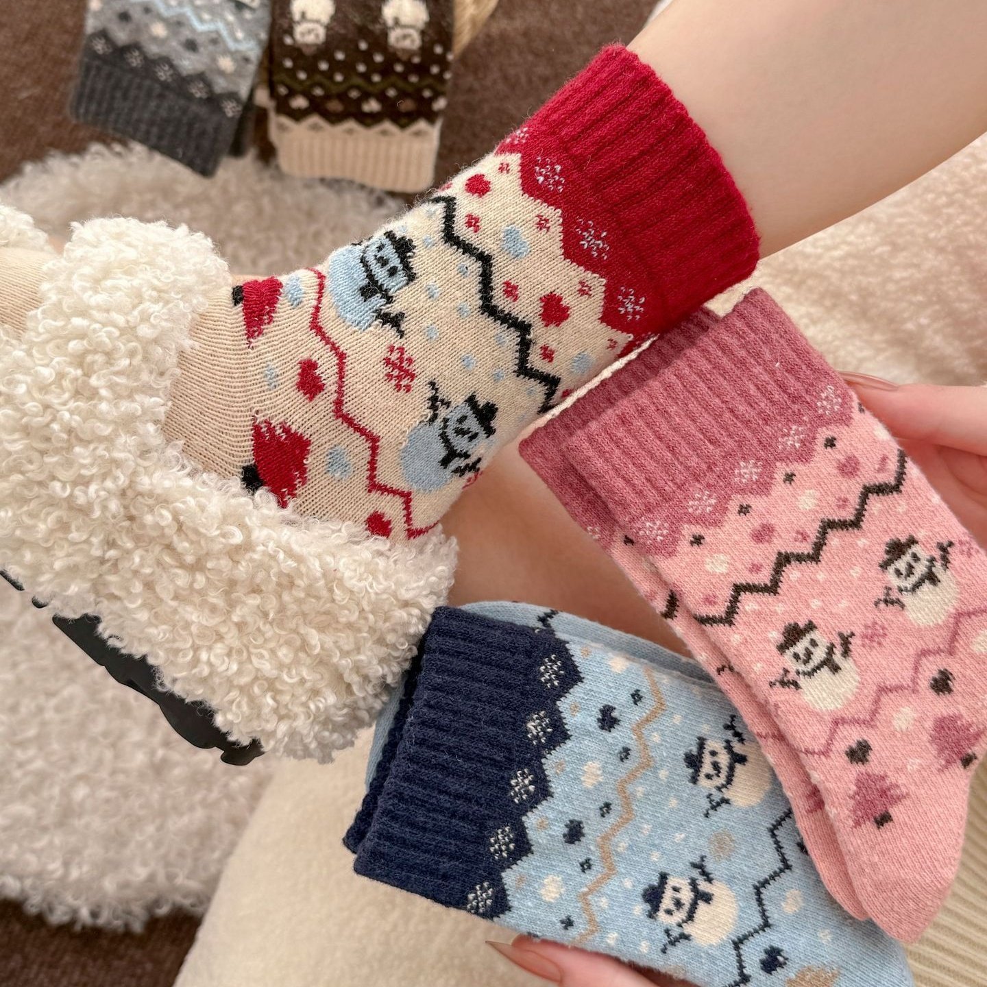 雪人圣诞风费尔岛羊毛保暖中筒袜