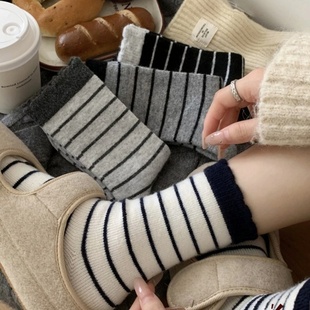 条纹羊毛袜子女秋冬季 加厚保暖中筒袜简约日系花边堆堆袜冬天长袜