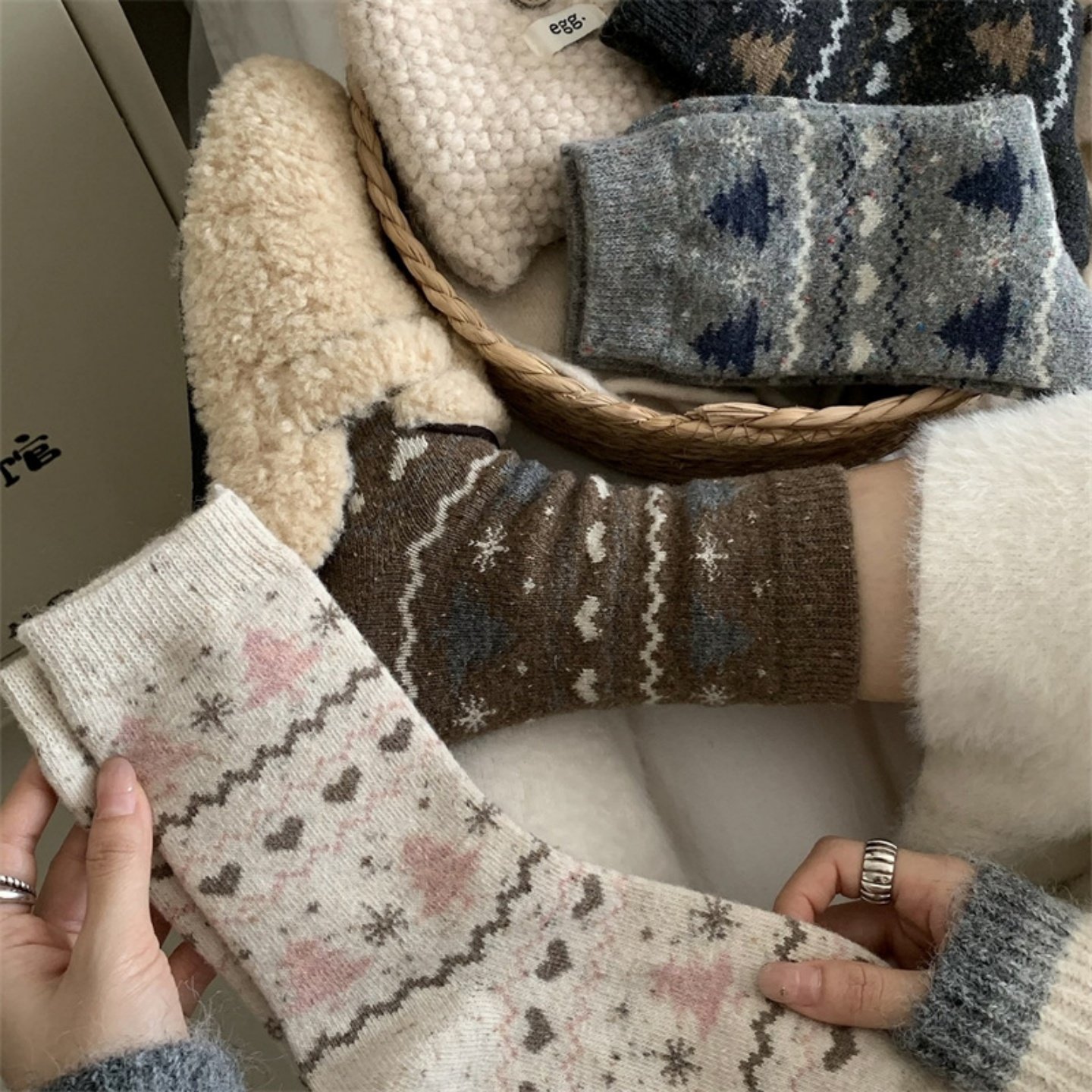 圣诞复古费尔岛保暖羊毛堆堆袜女