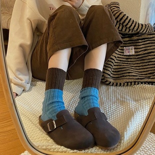 复古拼色羊毛堆堆袜子女秋冬季 加厚保暖中筒袜日系粗线长筒袜冬天
